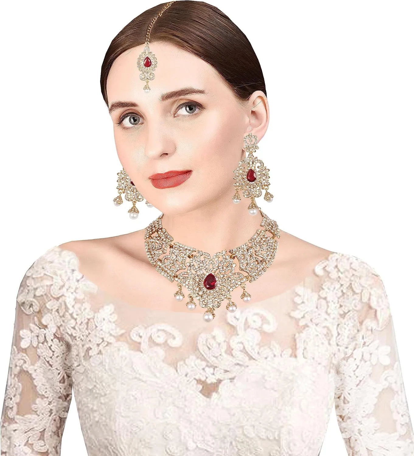 Touchstone Indian jewelry bollywood for women statement necklace sets wedding royal bridal ornaments big large matha tikka statement rajasthani mangtika traditional in antique gold or white tone