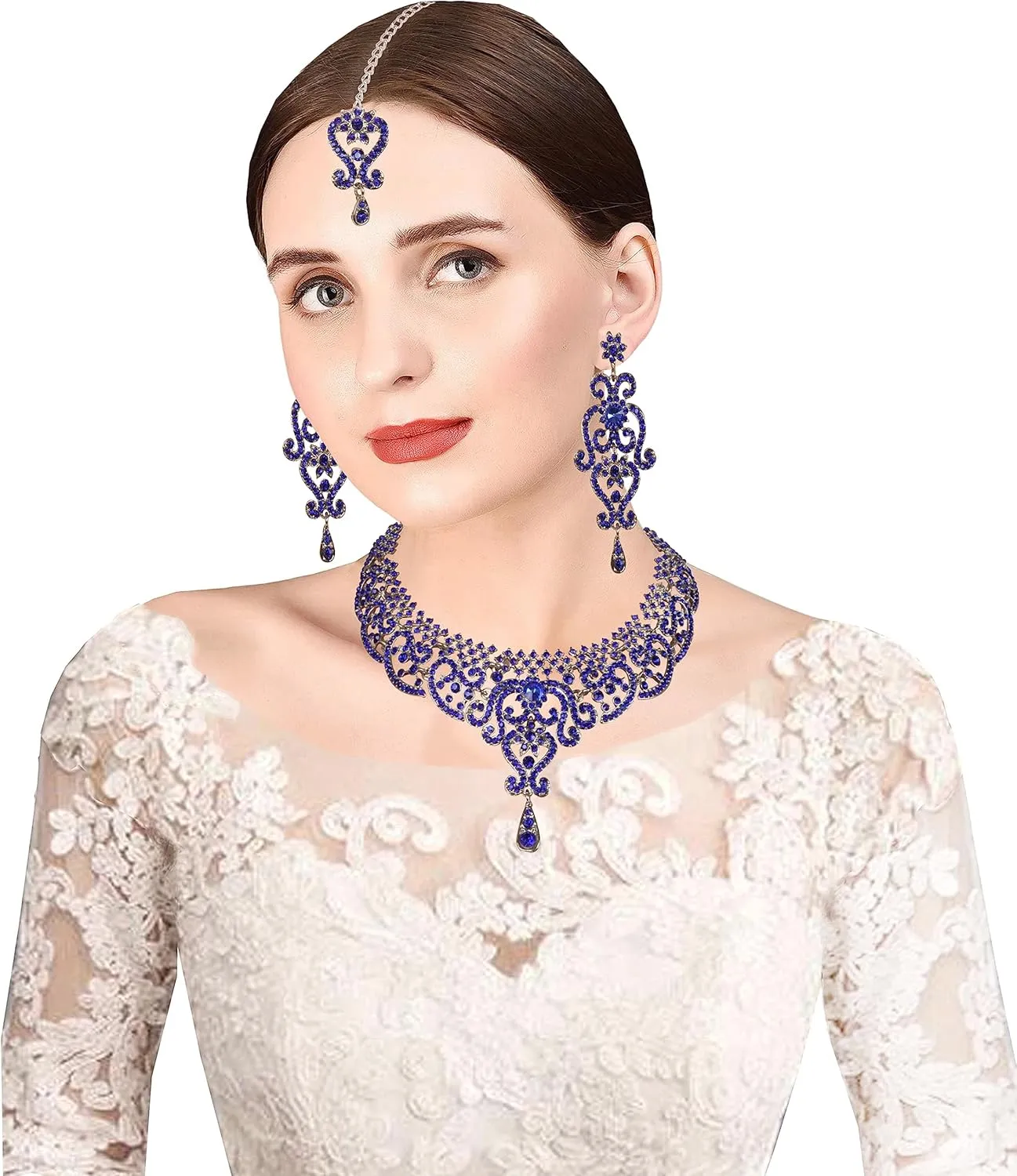 Touchstone Indian jewelry set for women bollywood gold jewellery wedding outfits necklace sets earrings bridal maang tikka fancy costume girls big desi accessories rhinestone in gold or silver tone