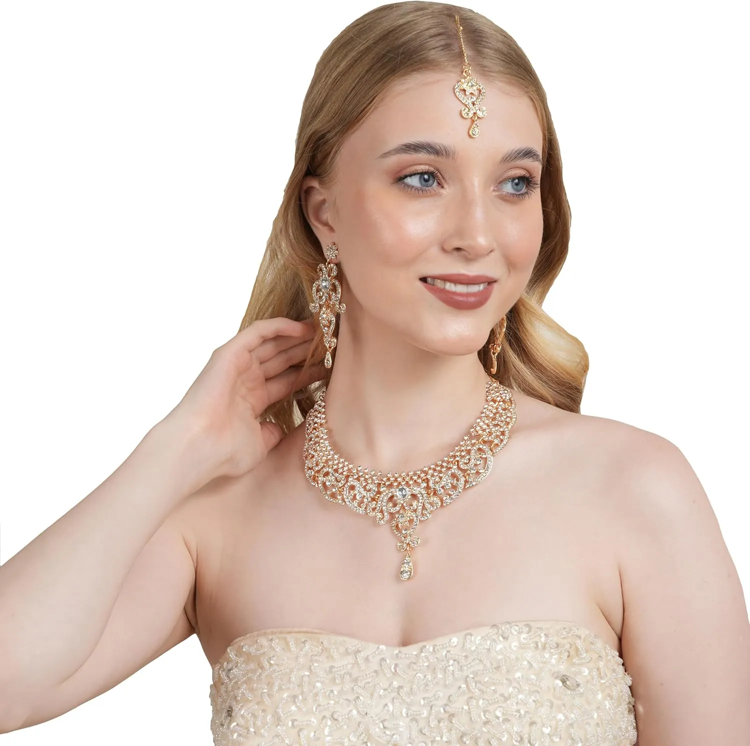 Touchstone Indian jewelry set for women bollywood gold jewellery wedding outfits necklace sets earrings bridal maang tikka fancy costume girls big desi accessories rhinestone in gold or silver tone