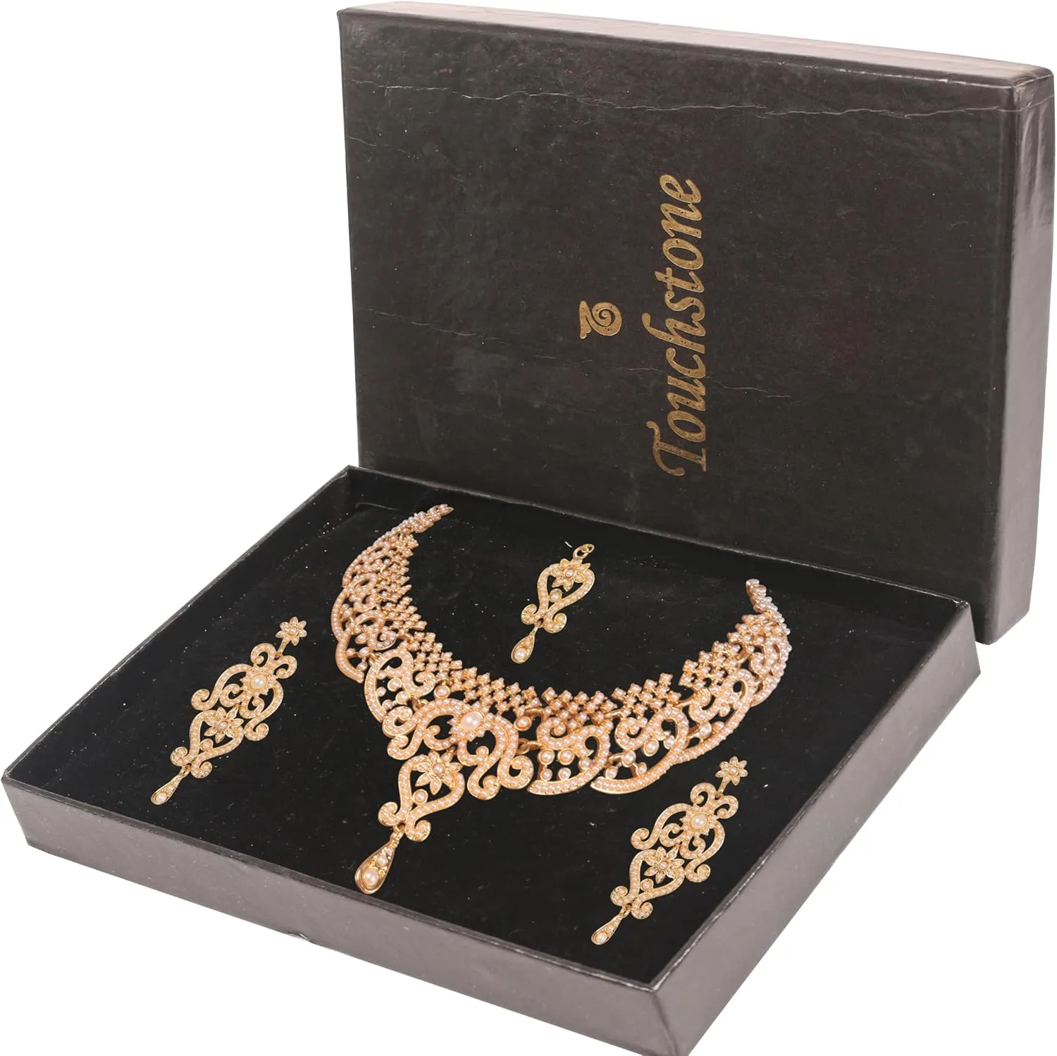 Touchstone Indian jewelry set for women bollywood gold jewellery wedding outfits necklace sets earrings bridal maang tikka fancy costume girls big desi accessories rhinestone in gold or silver tone