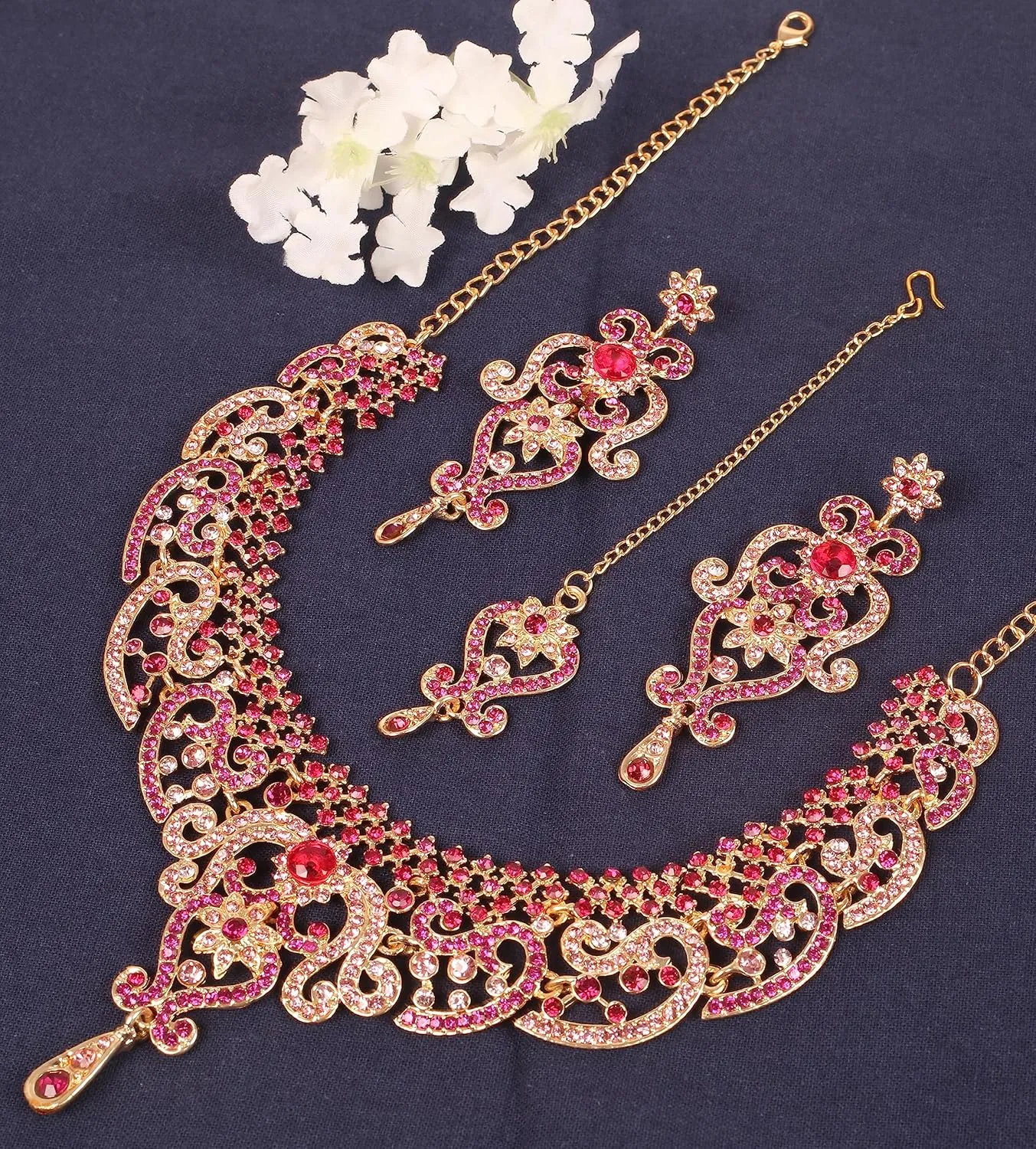 Touchstone Indian jewelry set for women bollywood gold jewellery wedding outfits necklace sets earrings bridal maang tikka fancy costume girls big desi accessories rhinestone in gold or silver tone