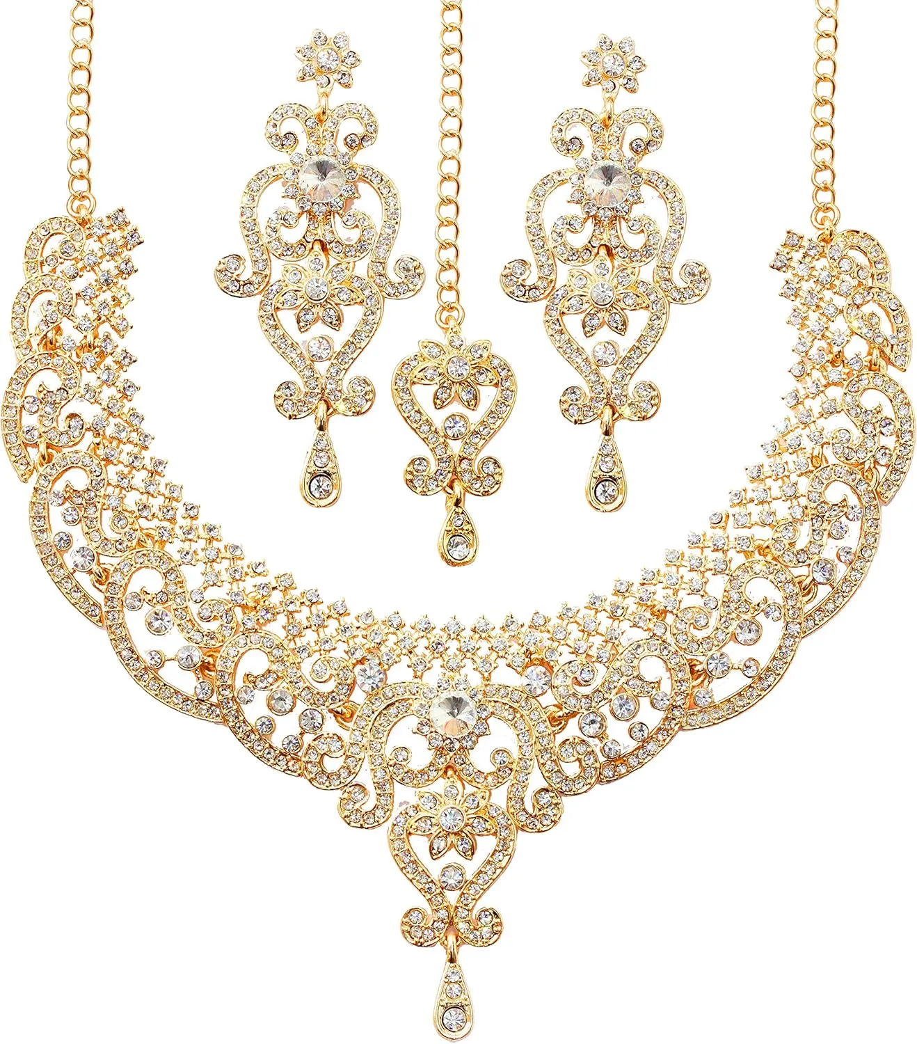 Touchstone Indian jewelry set for women bollywood gold jewellery wedding outfits necklace sets earrings bridal maang tikka fancy costume girls big desi accessories rhinestone in gold or silver tone