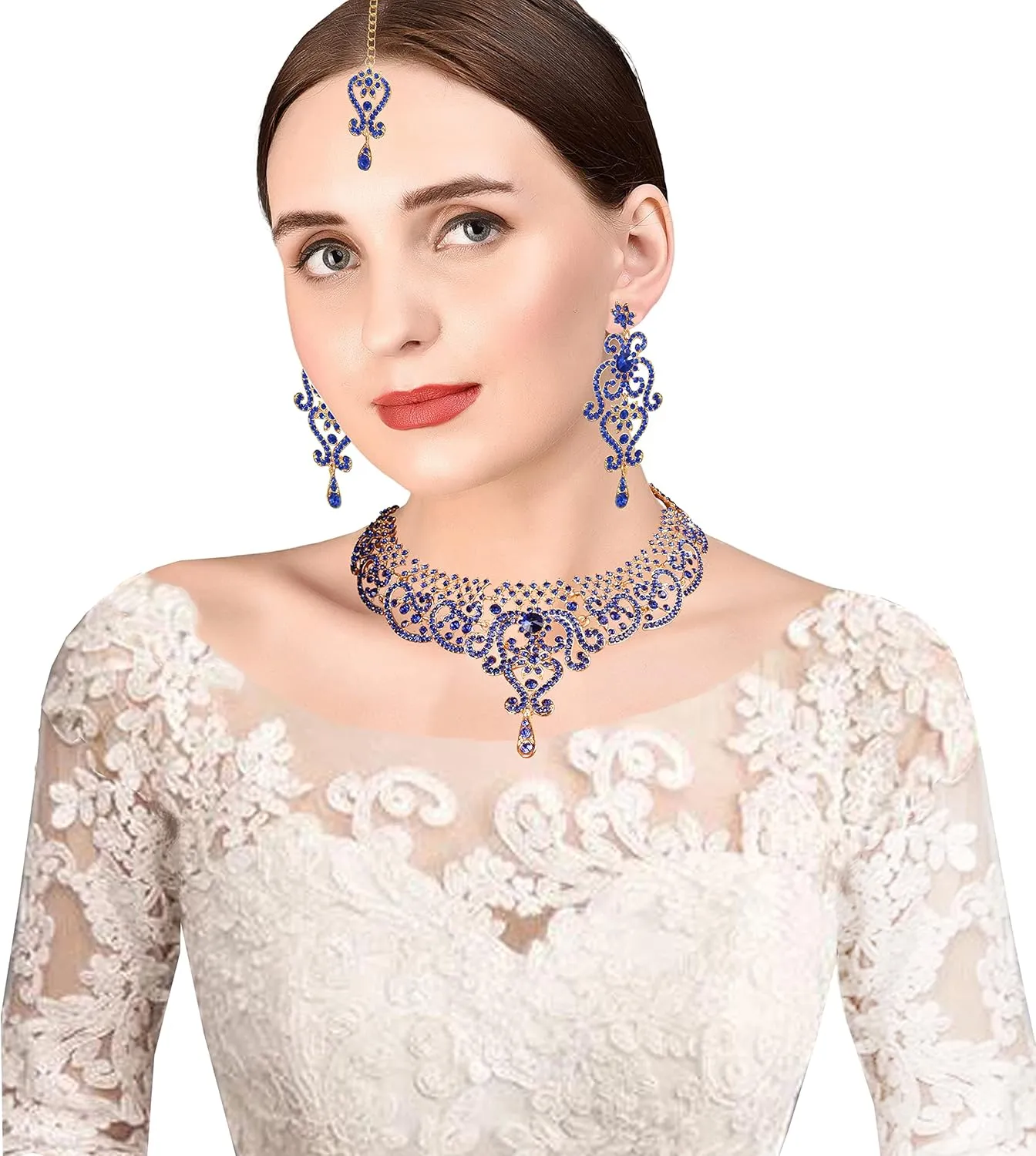 Touchstone Indian jewelry set for women bollywood gold jewellery wedding outfits necklace sets earrings bridal maang tikka fancy costume girls big desi accessories rhinestone in gold or silver tone