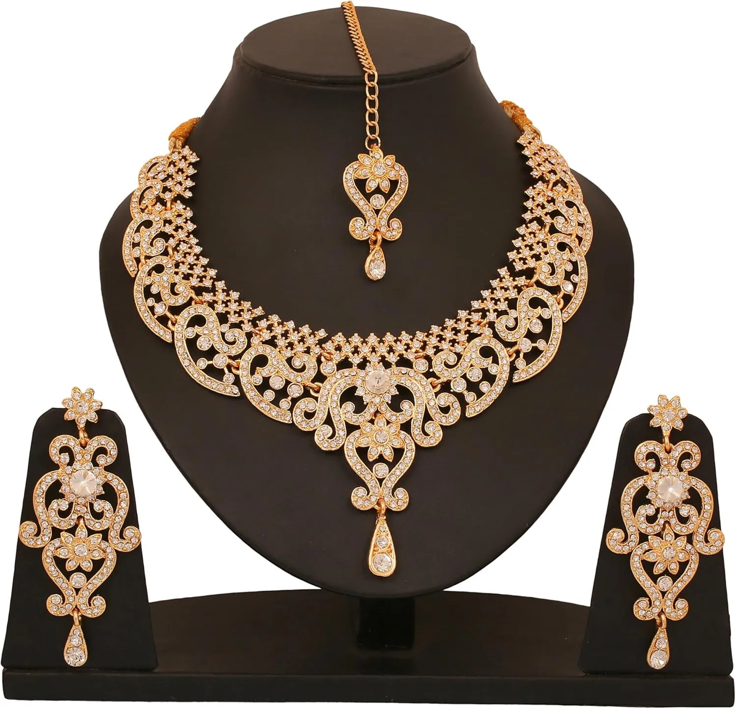 Touchstone Indian jewelry set for women bollywood gold jewellery wedding outfits necklace sets earrings bridal maang tikka fancy costume girls big desi accessories rhinestone in gold or silver tone