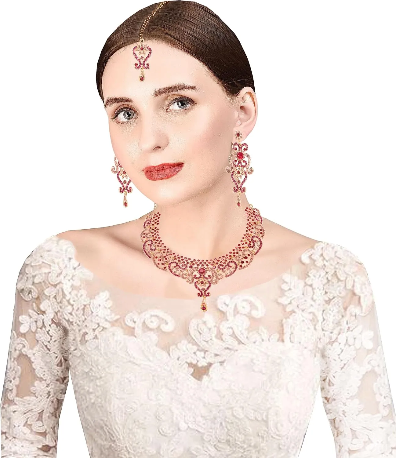 Touchstone Indian jewelry set for women bollywood gold jewellery wedding outfits necklace sets earrings bridal maang tikka fancy costume girls big desi accessories rhinestone in gold or silver tone