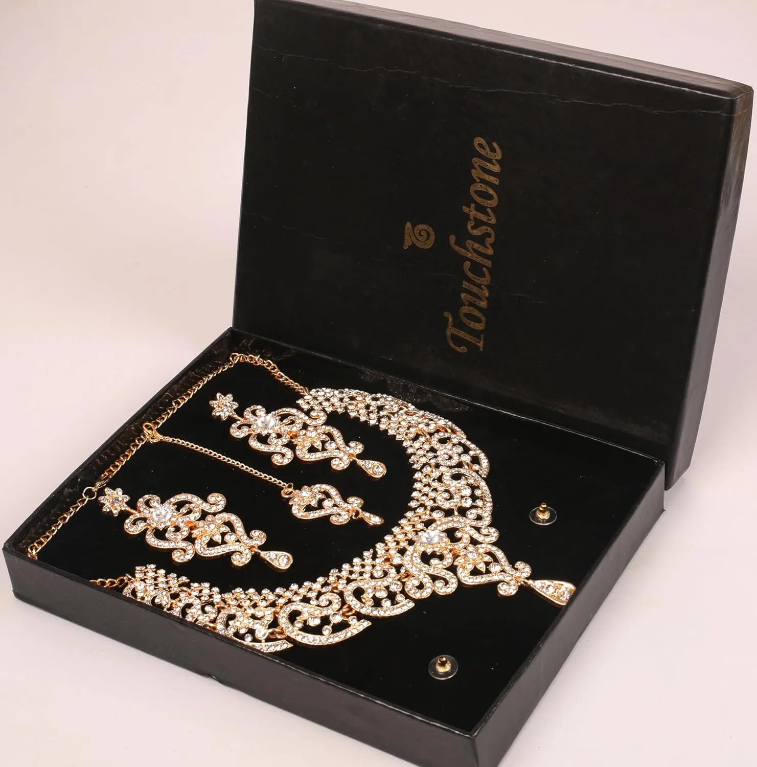 Touchstone Indian jewelry set for women bollywood gold jewellery wedding outfits necklace sets earrings bridal maang tikka fancy costume girls big desi accessories rhinestone in gold or silver tone