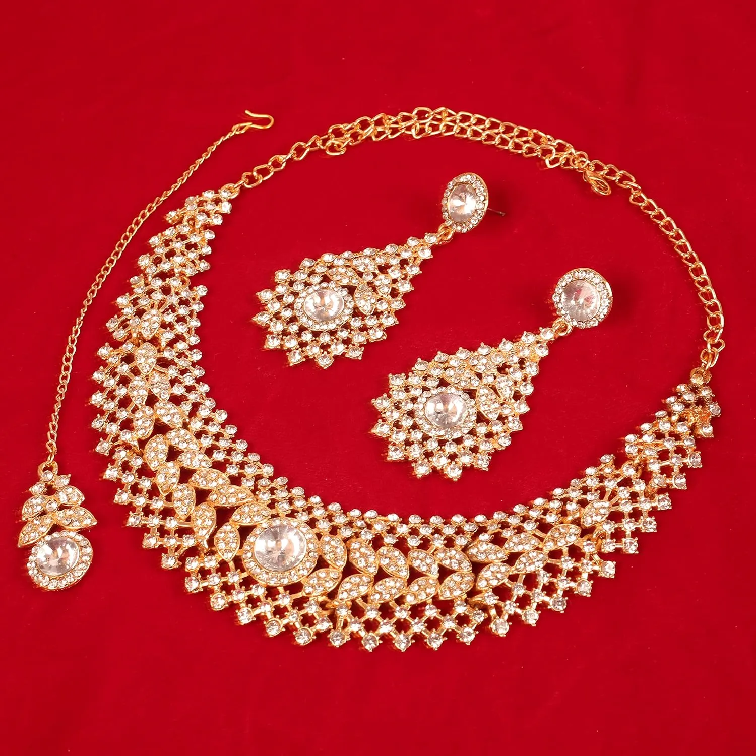 Touchstone Indian jewelry set for women rhinestone bridal necklace statement wedding brides earring formal big designer collar style trendy desi rhinestones maang tikka fashion in gold or silver tone