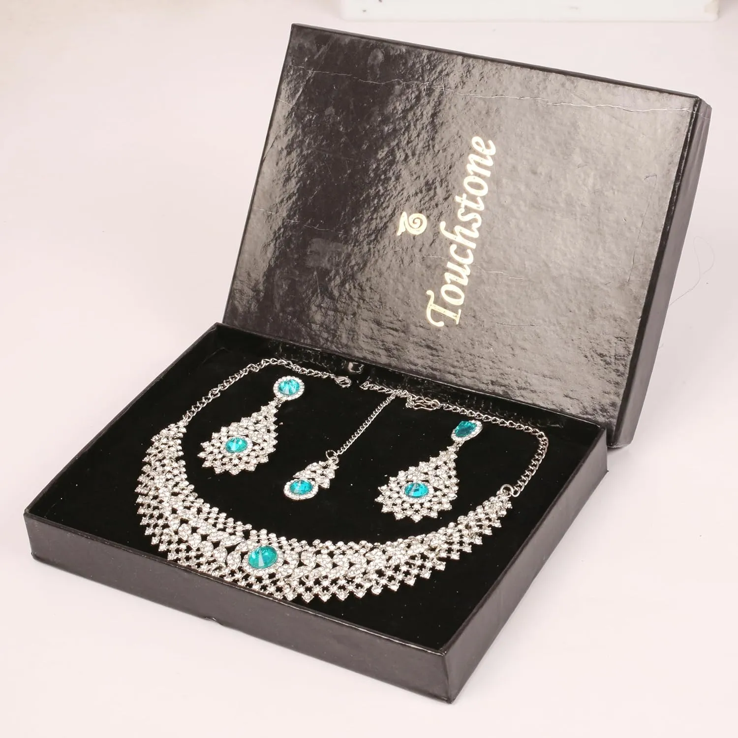Touchstone Indian jewelry set for women rhinestone bridal necklace statement wedding brides earring formal big designer collar style trendy desi rhinestones maang tikka fashion in gold or silver tone