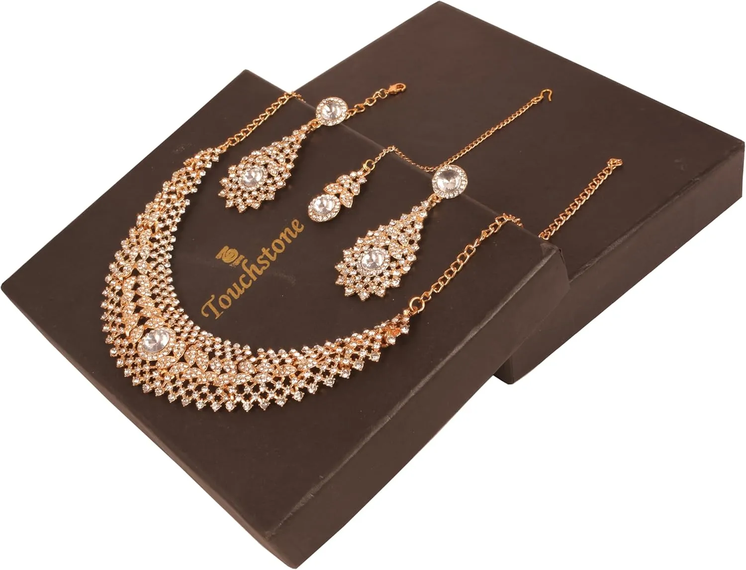 Touchstone Indian jewelry set for women rhinestone bridal necklace statement wedding brides earring formal big designer collar style trendy desi rhinestones maang tikka fashion in gold or silver tone