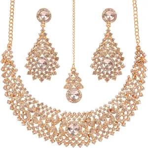 Touchstone Indian jewelry set for women rhinestone bridal necklace statement wedding brides earring formal big designer collar style trendy desi rhinestones maang tikka fashion in gold or silver tone