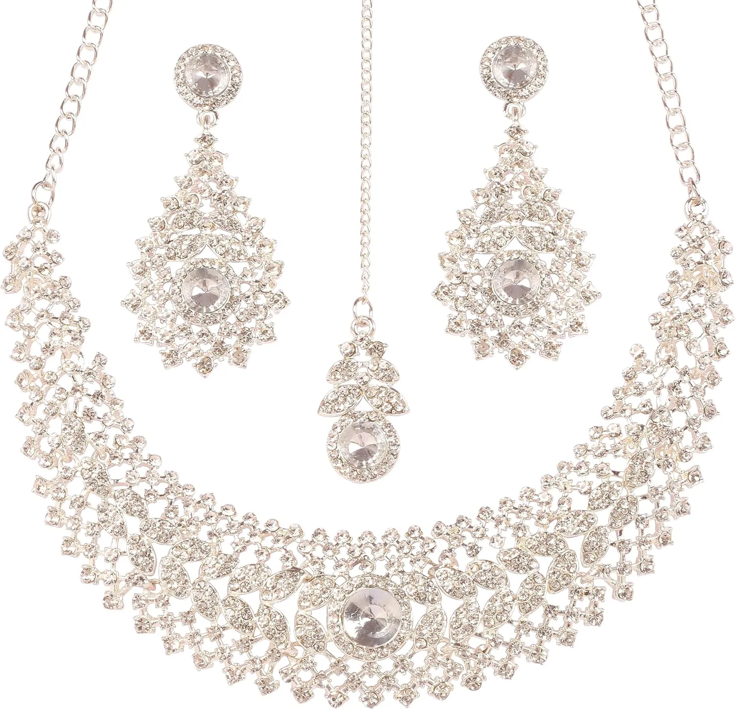 Touchstone Indian jewelry set for women rhinestone bridal necklace statement wedding brides earring formal big designer collar style trendy desi rhinestones maang tikka fashion in gold or silver tone