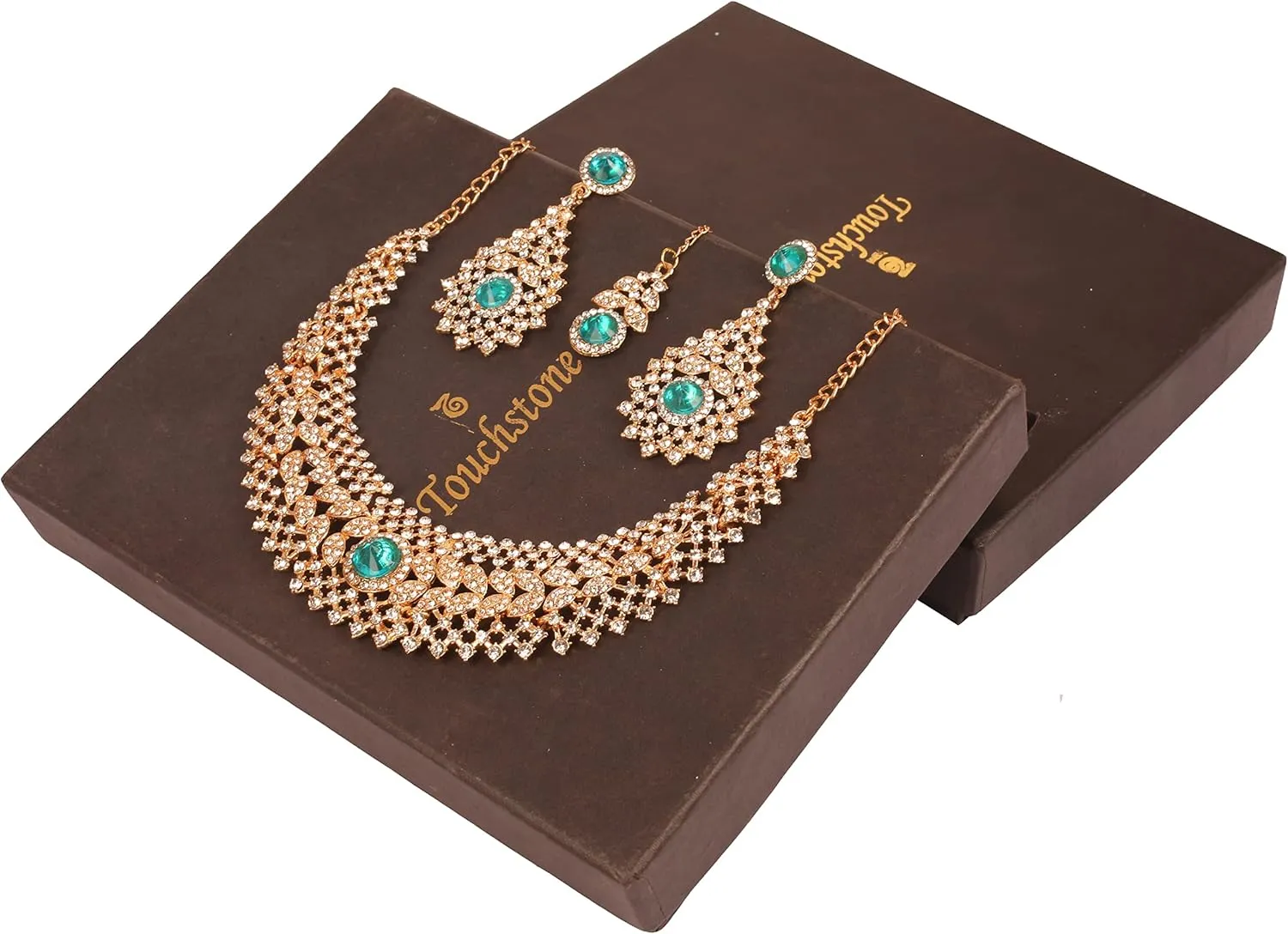 Touchstone Indian jewelry set for women rhinestone bridal necklace statement wedding brides earring formal big designer collar style trendy desi rhinestones maang tikka fashion in gold or silver tone