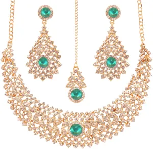Touchstone Indian jewelry set for women rhinestone bridal necklace statement wedding brides earring formal big designer collar style trendy desi rhinestones maang tikka fashion in gold or silver tone