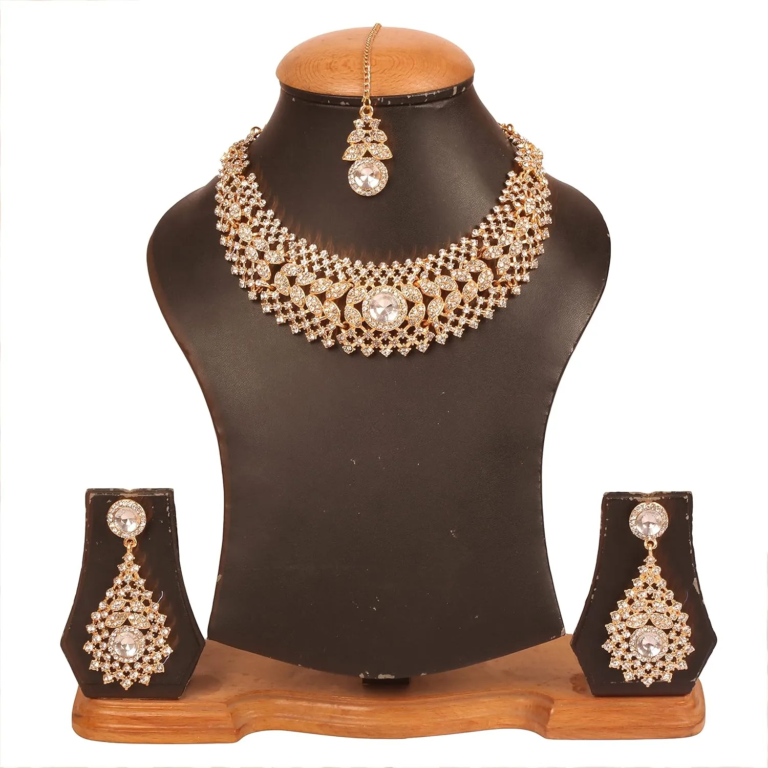 Touchstone Indian jewelry set for women rhinestone bridal necklace statement wedding brides earring formal big designer collar style trendy desi rhinestones maang tikka fashion in gold or silver tone