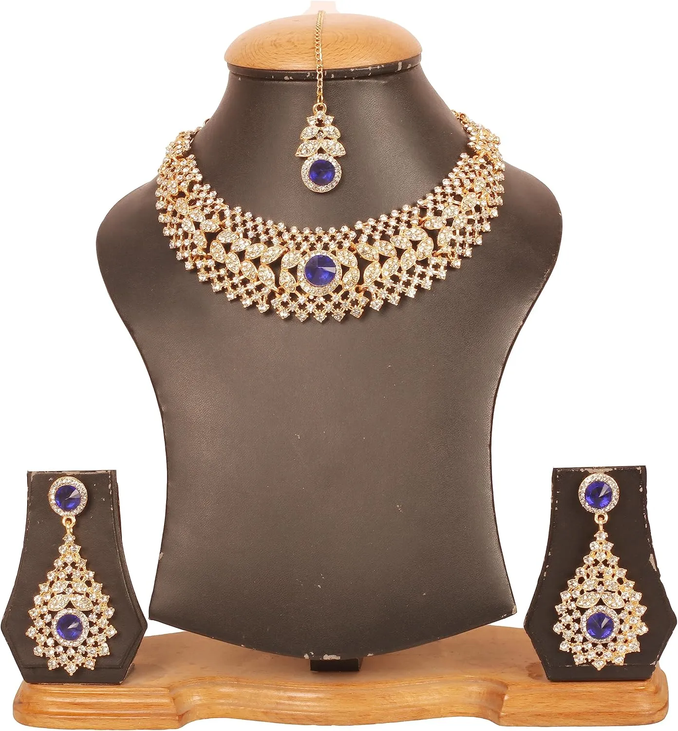 Touchstone Indian jewelry set for women rhinestone bridal necklace statement wedding brides earring formal big designer collar style trendy desi rhinestones maang tikka fashion in gold or silver tone