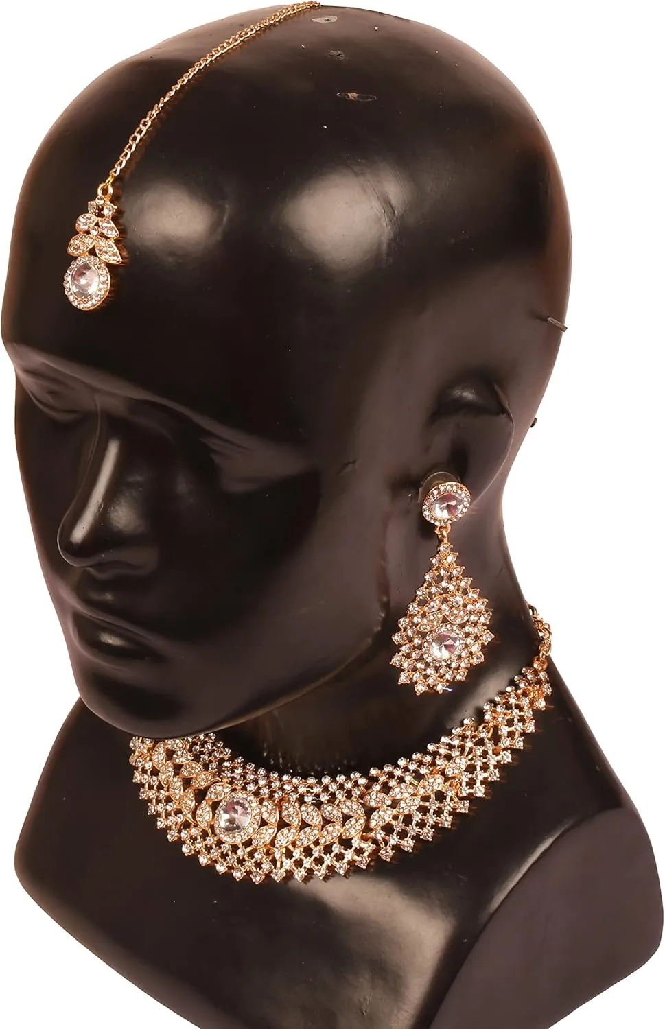 Touchstone Indian jewelry set for women rhinestone bridal necklace statement wedding brides earring formal big designer collar style trendy desi rhinestones maang tikka fashion in gold or silver tone