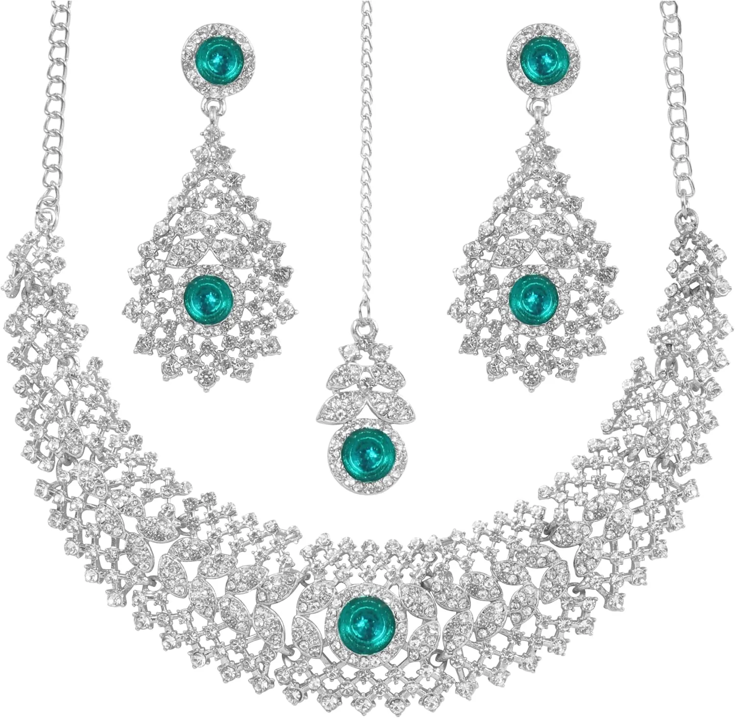 Touchstone Indian jewelry set for women rhinestone bridal necklace statement wedding brides earring formal big designer collar style trendy desi rhinestones maang tikka fashion in gold or silver tone