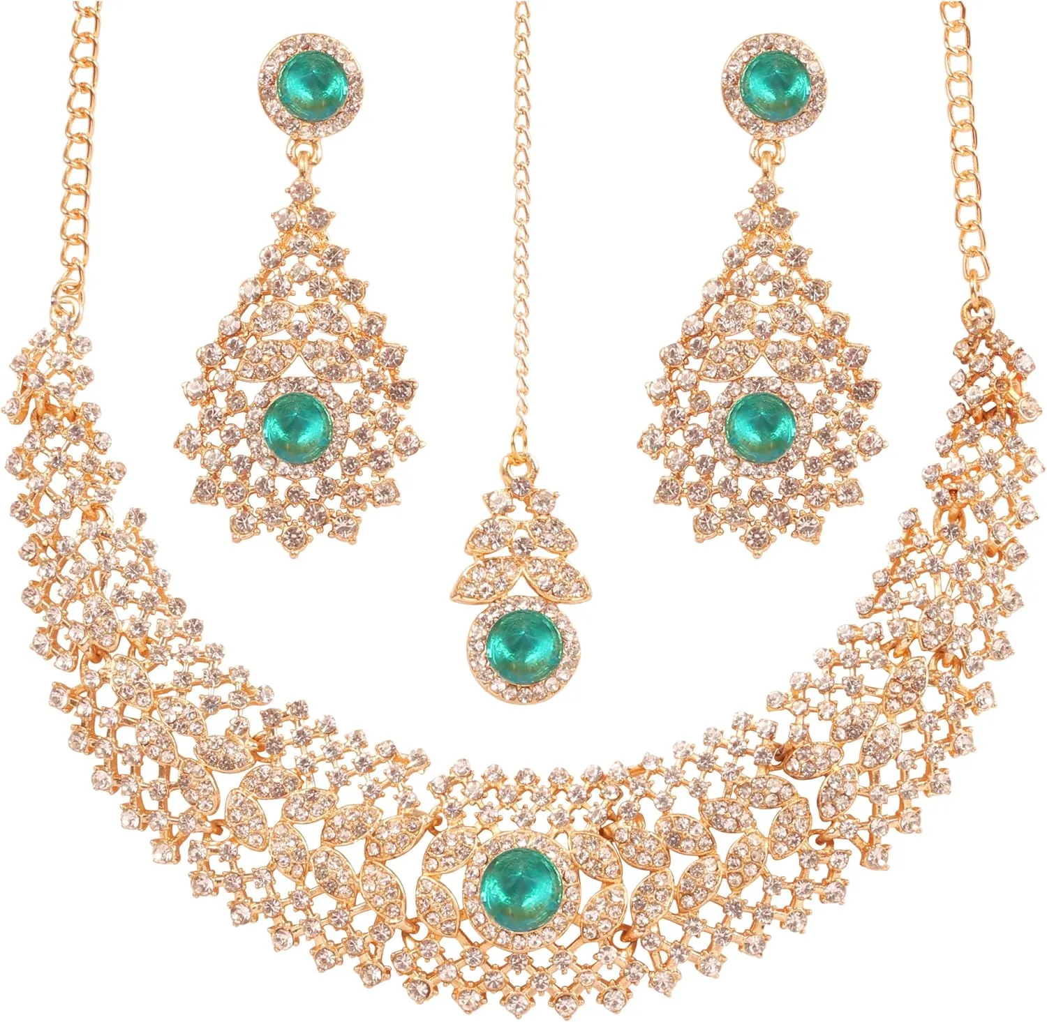 Touchstone Indian jewelry set for women rhinestone bridal necklace statement wedding brides earring formal big designer collar style trendy desi rhinestones maang tikka fashion in gold or silver tone