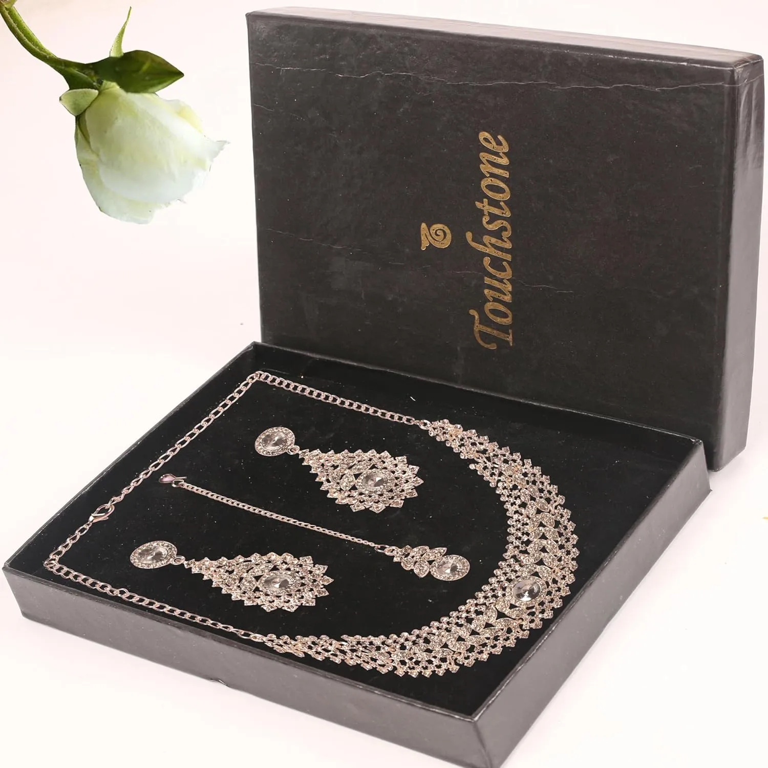 Touchstone Indian jewelry set for women rhinestone bridal necklace statement wedding brides earring formal big designer collar style trendy desi rhinestones maang tikka fashion in gold or silver tone