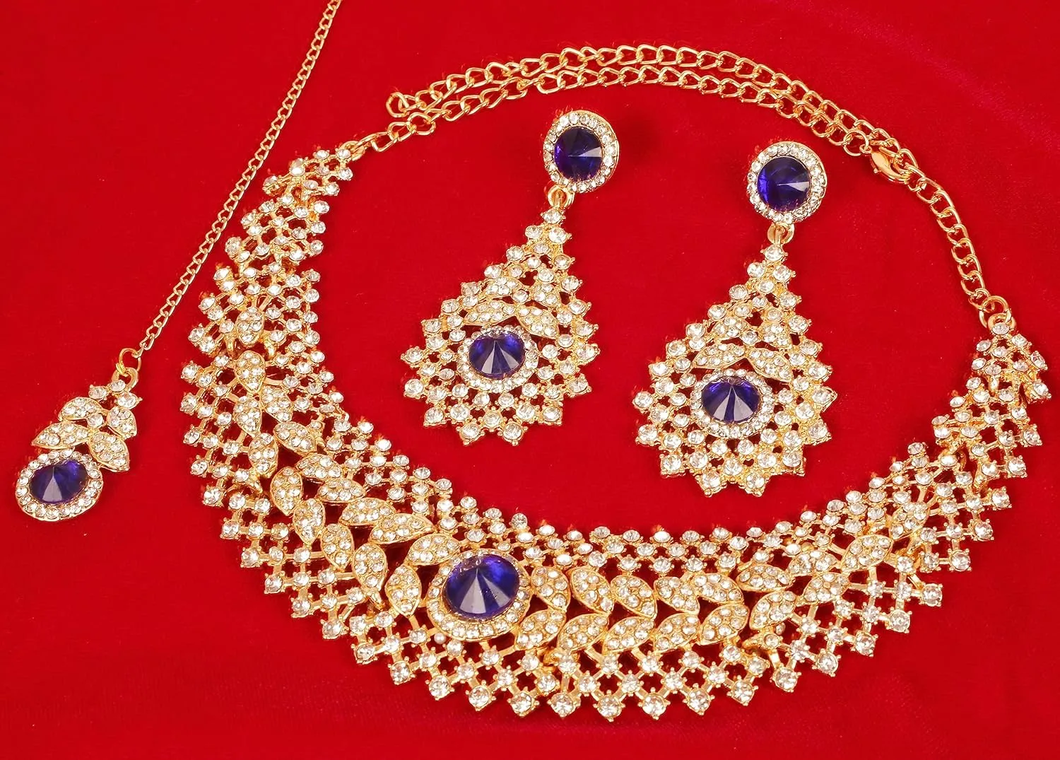 Touchstone Indian jewelry set for women rhinestone bridal necklace statement wedding brides earring formal big designer collar style trendy desi rhinestones maang tikka fashion in gold or silver tone