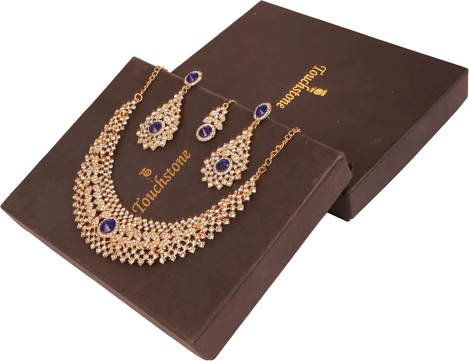 Touchstone Indian jewelry set for women rhinestone bridal necklace statement wedding brides earring formal big designer collar style trendy desi rhinestones maang tikka fashion in gold or silver tone