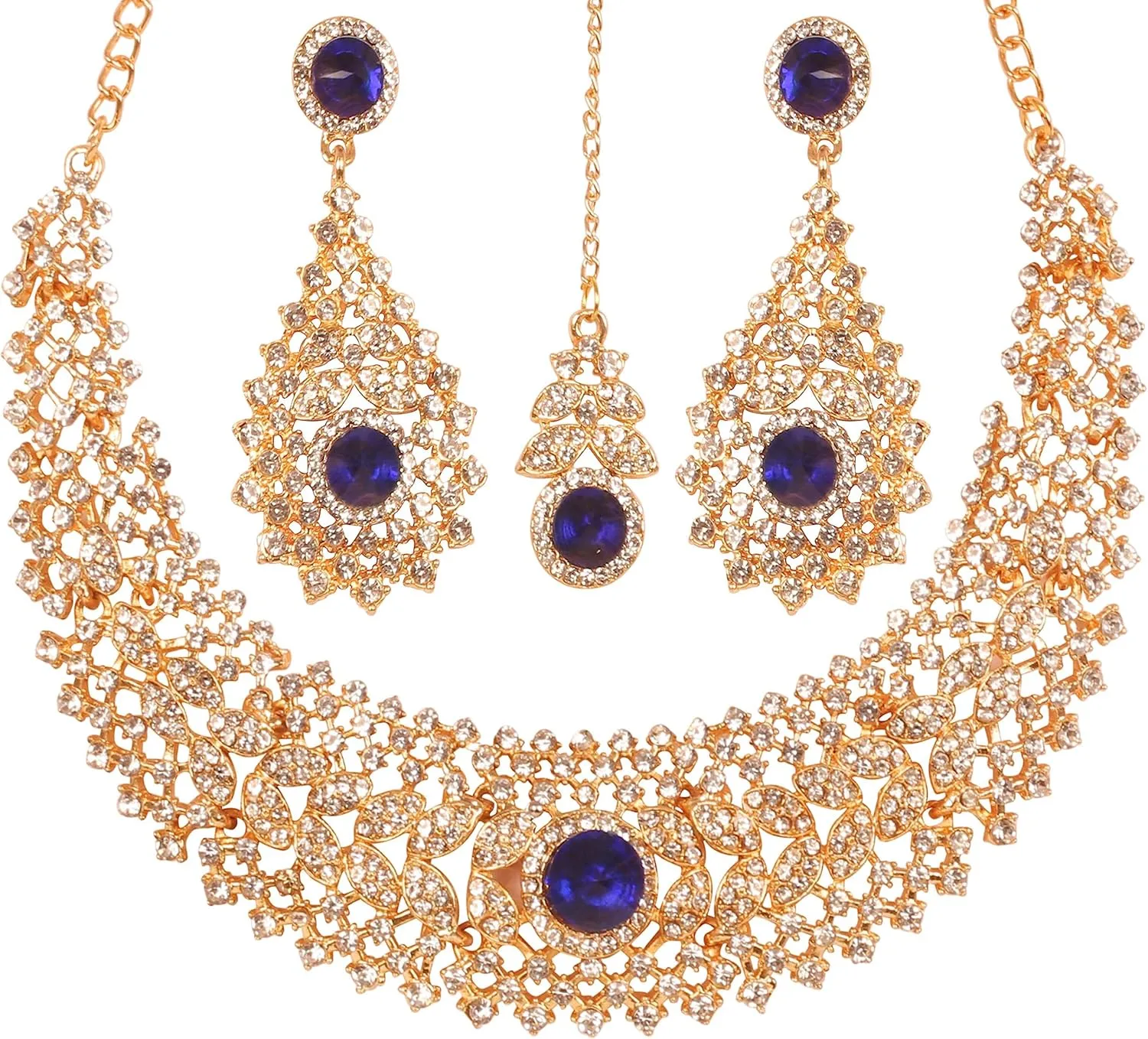 Touchstone Indian jewelry set for women rhinestone bridal necklace statement wedding brides earring formal big designer collar style trendy desi rhinestones maang tikka fashion in gold or silver tone