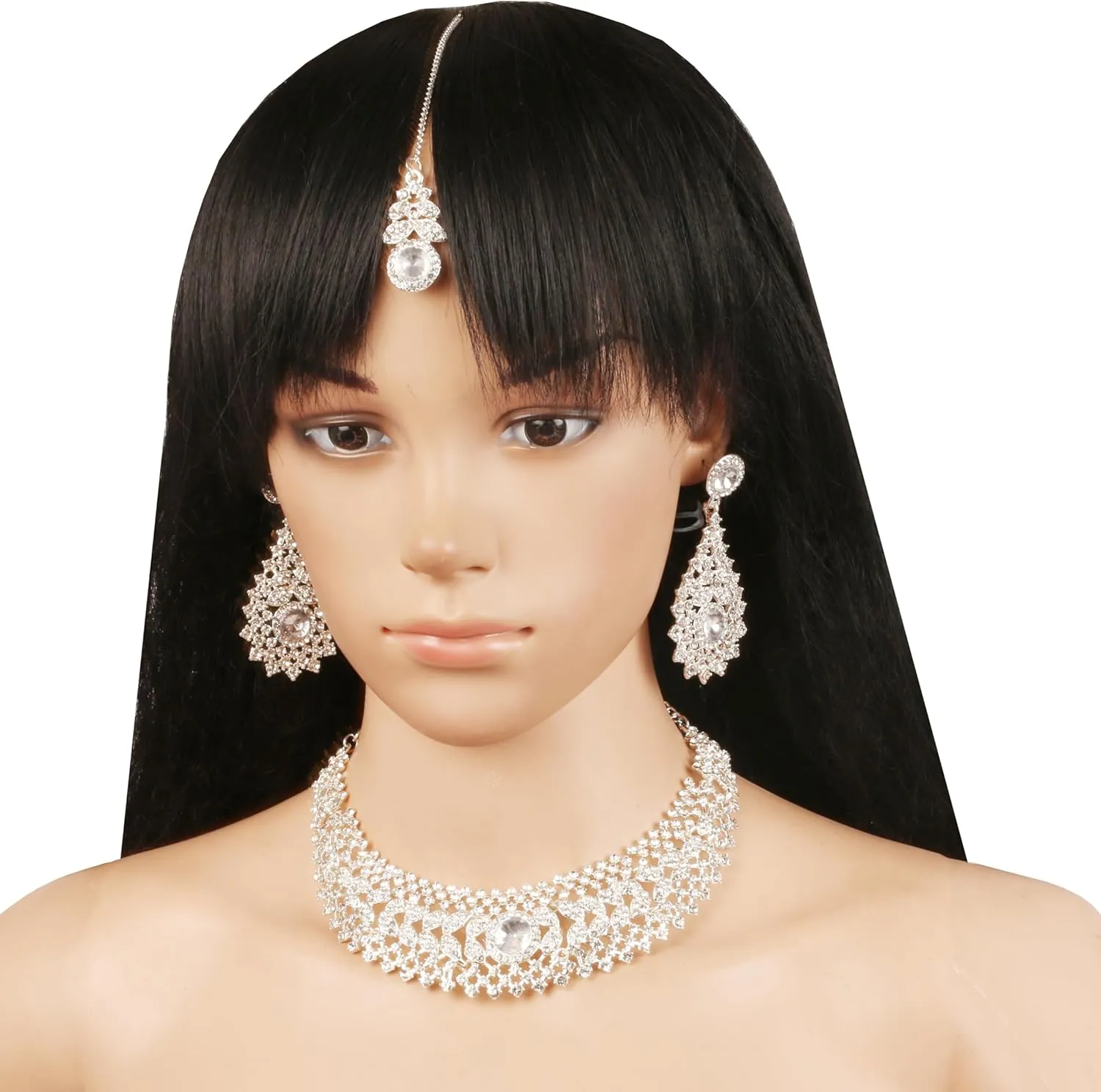 Touchstone Indian jewelry set for women rhinestone bridal necklace statement wedding brides earring formal big designer collar style trendy desi rhinestones maang tikka fashion in gold or silver tone