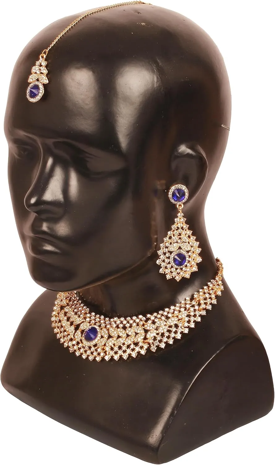 Touchstone Indian jewelry set for women rhinestone bridal necklace statement wedding brides earring formal big designer collar style trendy desi rhinestones maang tikka fashion in gold or silver tone