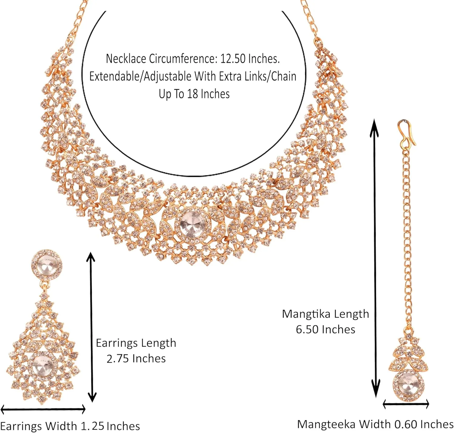 Touchstone Indian jewelry set for women rhinestone bridal necklace statement wedding brides earring formal big designer collar style trendy desi rhinestones maang tikka fashion in gold or silver tone
