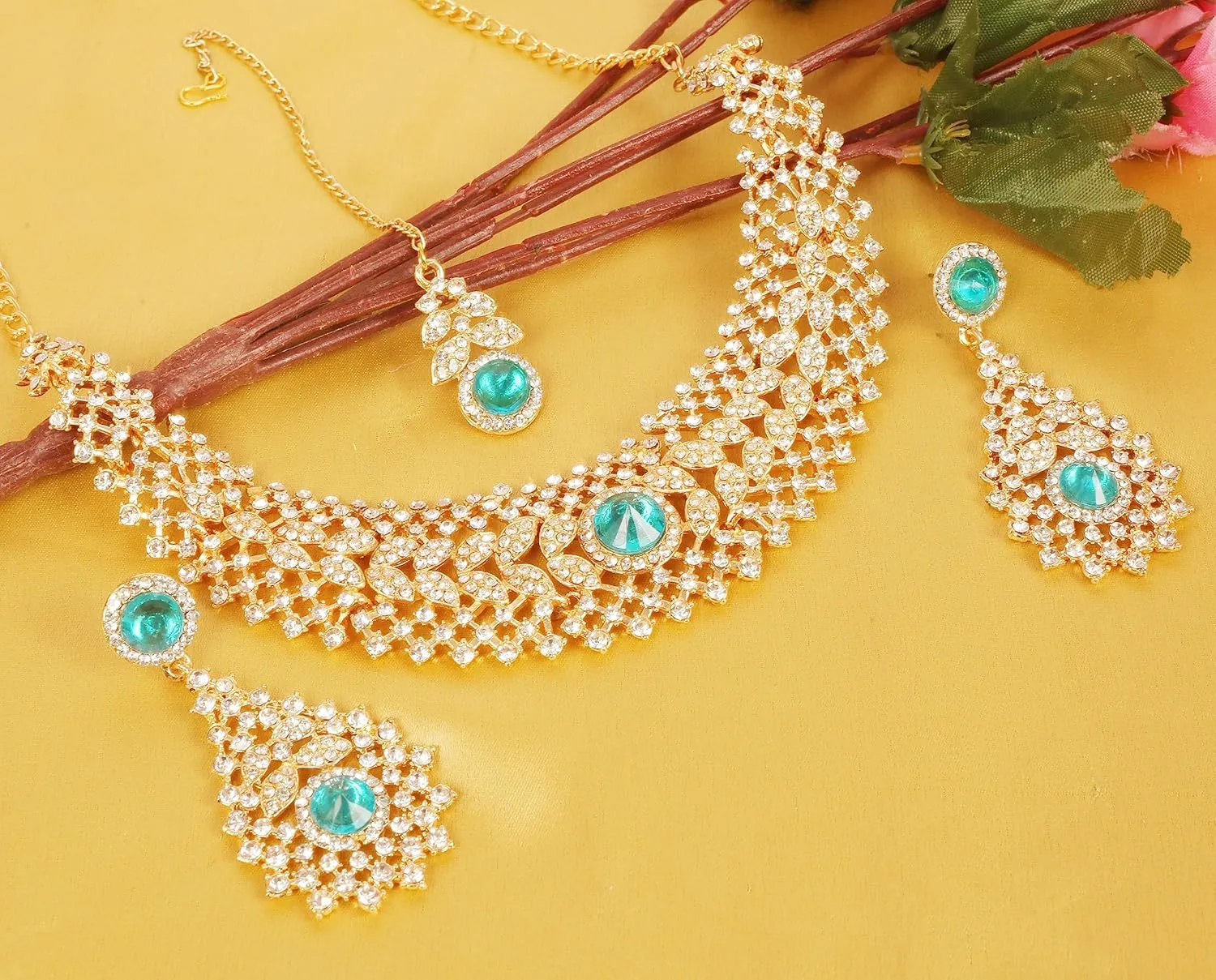 Touchstone Indian jewelry set for women rhinestone bridal necklace statement wedding brides earring formal big designer collar style trendy desi rhinestones maang tikka fashion in gold or silver tone