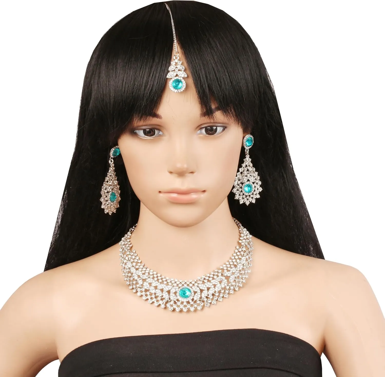 Touchstone Indian jewelry set for women rhinestone bridal necklace statement wedding brides earring formal big designer collar style trendy desi rhinestones maang tikka fashion in gold or silver tone