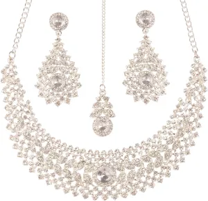 Touchstone Indian jewelry set for women rhinestone bridal necklace statement wedding brides earring formal big designer collar style trendy desi rhinestones maang tikka fashion in gold or silver tone