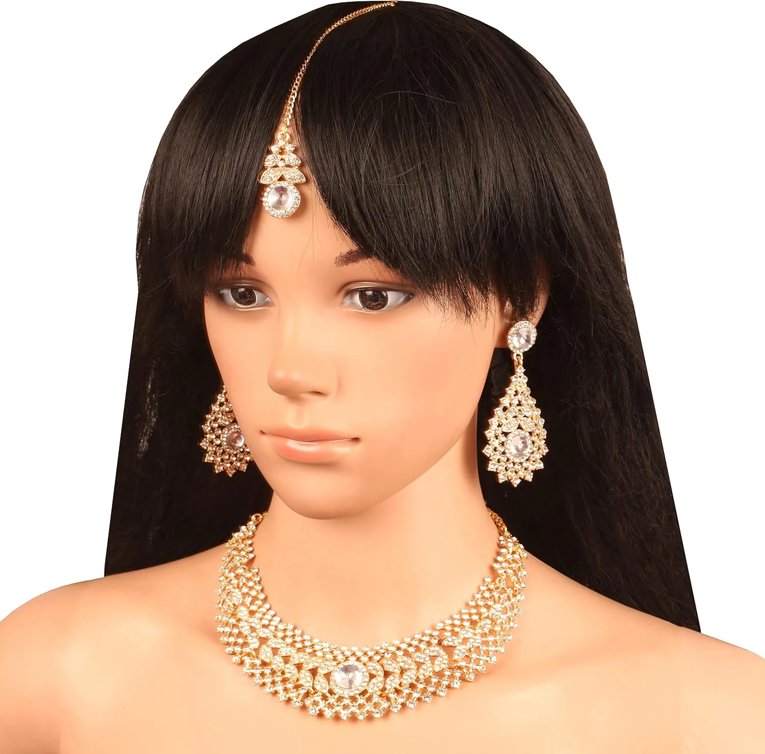 Touchstone Indian jewelry set for women rhinestone bridal necklace statement wedding brides earring formal big designer collar style trendy desi rhinestones maang tikka fashion in gold or silver tone