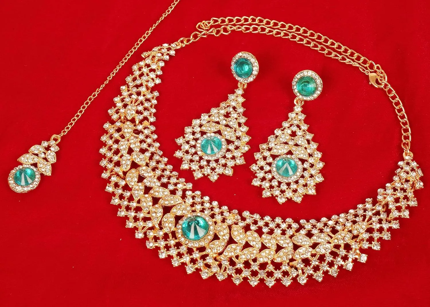 Touchstone Indian jewelry set for women rhinestone bridal necklace statement wedding brides earring formal big designer collar style trendy desi rhinestones maang tikka fashion in gold or silver tone