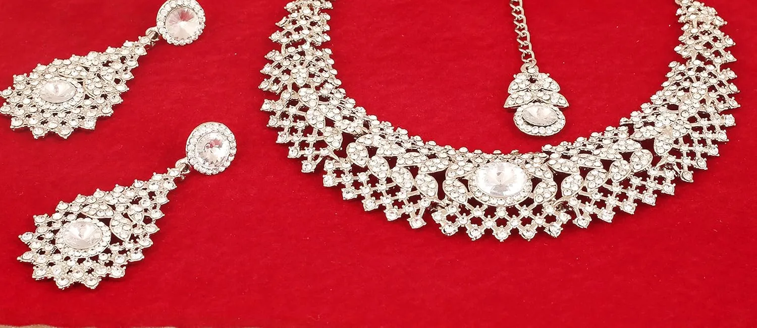 Touchstone Indian jewelry set for women rhinestone bridal necklace statement wedding brides earring formal big designer collar style trendy desi rhinestones maang tikka fashion in gold or silver tone