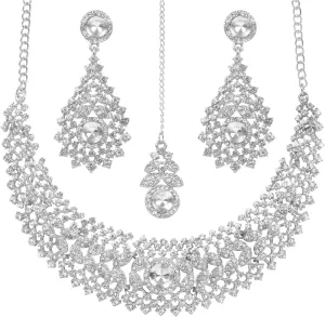 Touchstone Indian jewelry set for women rhinestone bridal necklace statement wedding brides earring formal big designer collar style trendy desi rhinestones maang tikka fashion in gold or silver tone