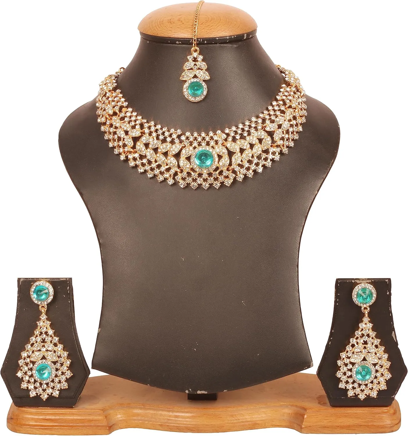 Touchstone Indian jewelry set for women rhinestone bridal necklace statement wedding brides earring formal big designer collar style trendy desi rhinestones maang tikka fashion in gold or silver tone