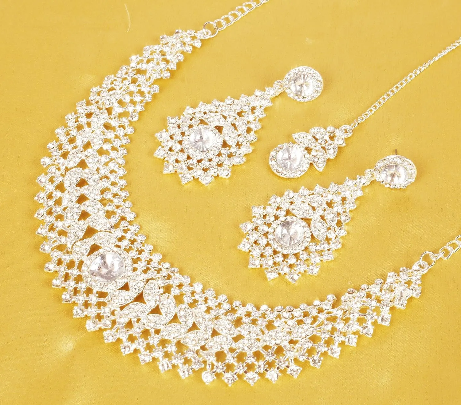 Touchstone Indian jewelry set for women rhinestone bridal necklace statement wedding brides earring formal big designer collar style trendy desi rhinestones maang tikka fashion in gold or silver tone