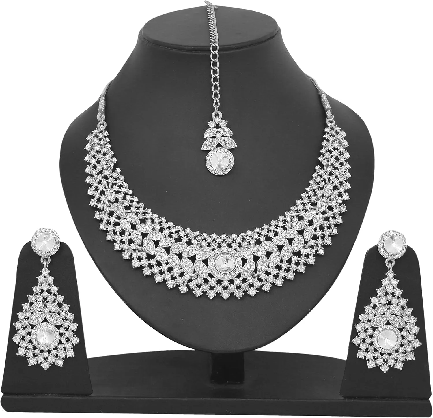 Touchstone Indian jewelry set for women rhinestone bridal necklace statement wedding brides earring formal big designer collar style trendy desi rhinestones maang tikka fashion in gold or silver tone