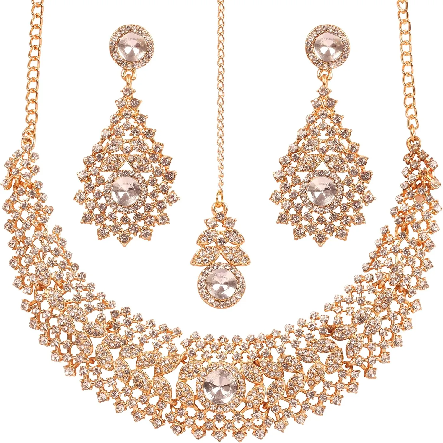 Touchstone Indian jewelry set for women rhinestone bridal necklace statement wedding brides earring formal big designer collar style trendy desi rhinestones maang tikka fashion in gold or silver tone