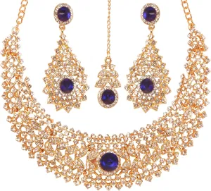Touchstone Indian jewelry set for women rhinestone bridal necklace statement wedding brides earring formal big designer collar style trendy desi rhinestones maang tikka fashion in gold or silver tone