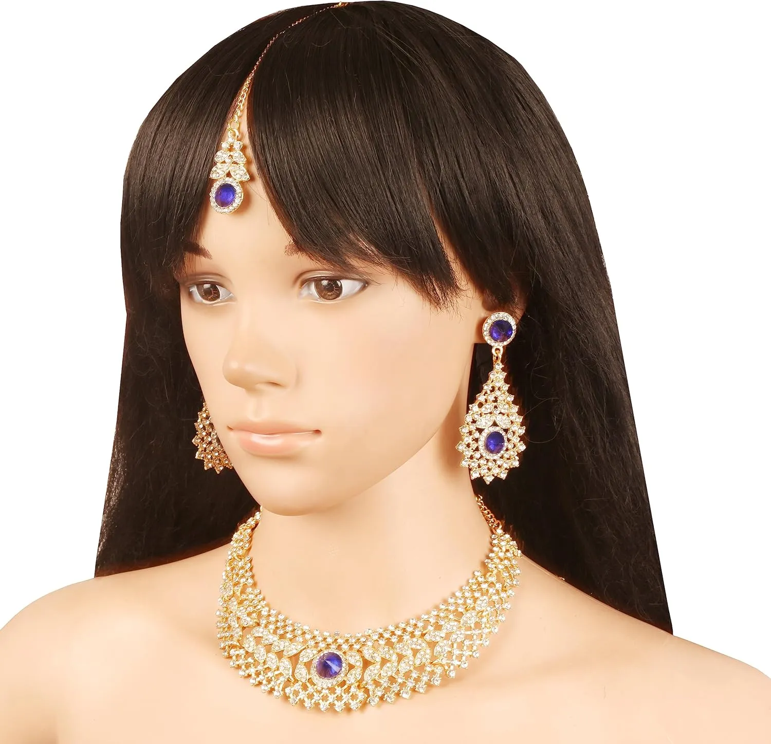 Touchstone Indian jewelry set for women rhinestone bridal necklace statement wedding brides earring formal big designer collar style trendy desi rhinestones maang tikka fashion in gold or silver tone