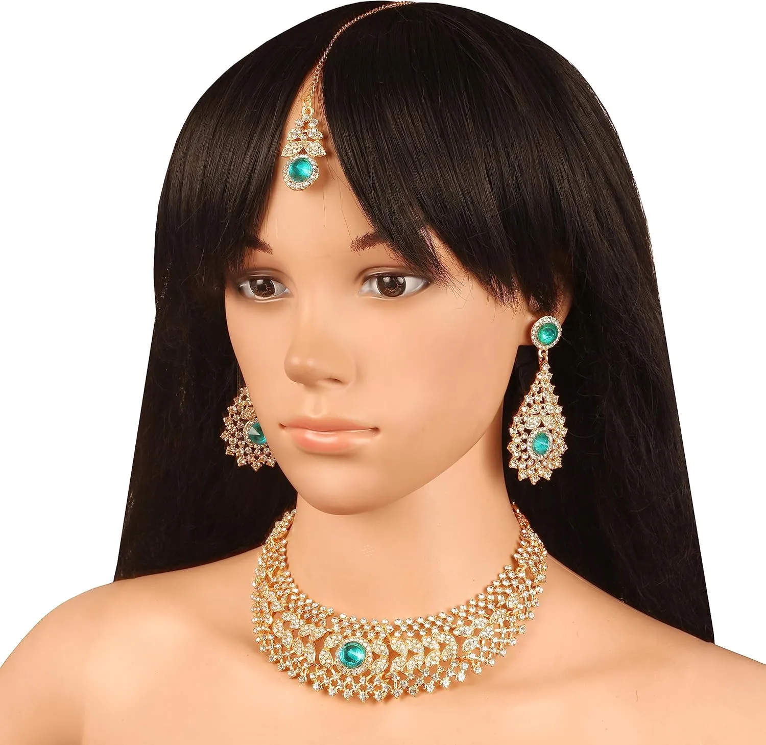 Touchstone Indian jewelry set for women rhinestone bridal necklace statement wedding brides earring formal big designer collar style trendy desi rhinestones maang tikka fashion in gold or silver tone