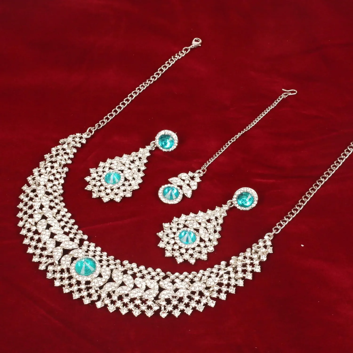 Touchstone Indian jewelry set for women rhinestone bridal necklace statement wedding brides earring formal big designer collar style trendy desi rhinestones maang tikka fashion in gold or silver tone
