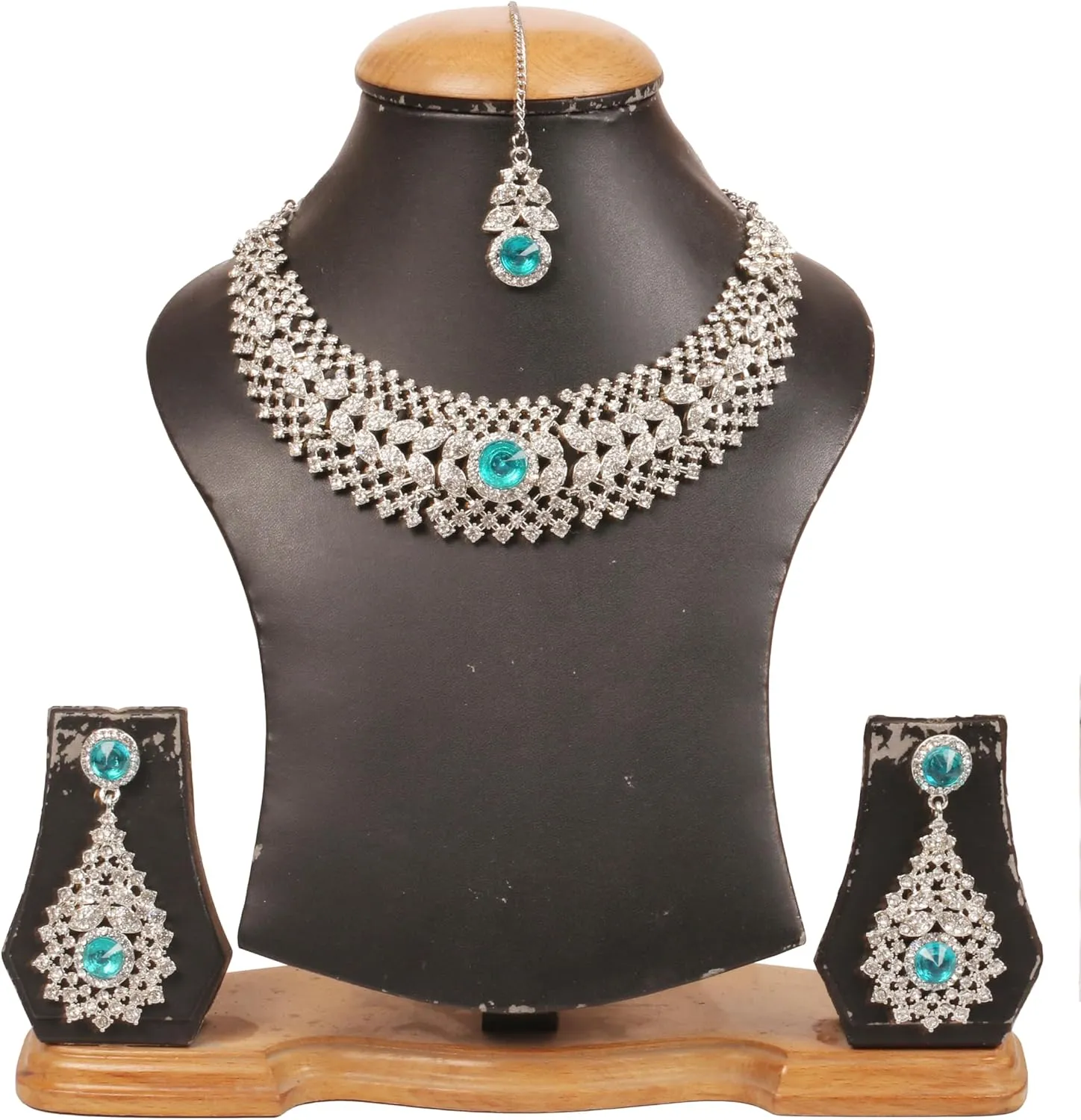 Touchstone Indian jewelry set for women rhinestone bridal necklace statement wedding brides earring formal big designer collar style trendy desi rhinestones maang tikka fashion in gold or silver tone