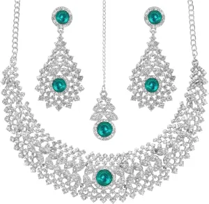 Touchstone Indian jewelry set for women rhinestone bridal necklace statement wedding brides earring formal big designer collar style trendy desi rhinestones maang tikka fashion in gold or silver tone