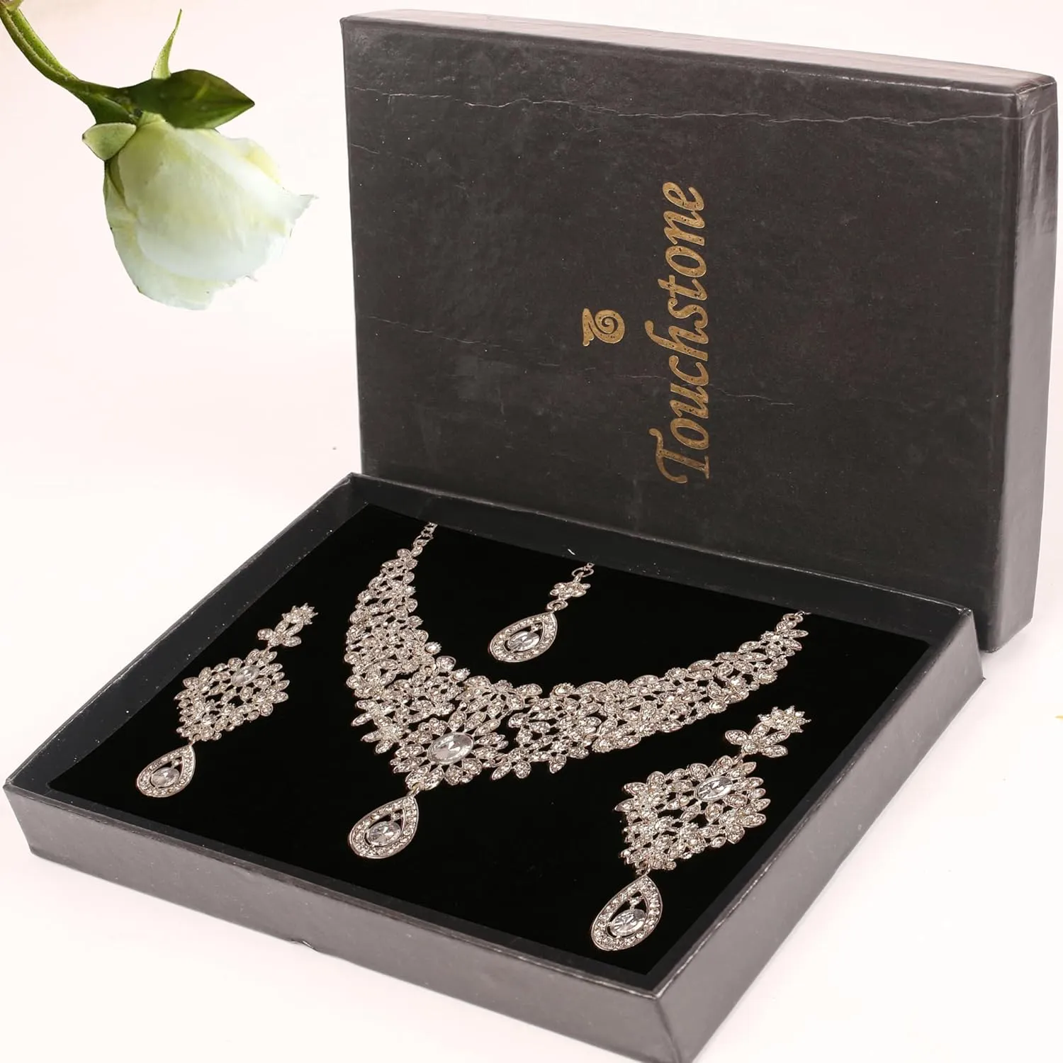 Touchstone Indian Jewelry Sets for Women Bollywood Necklace Earring Wedding high Fashion Victorian Formal Style Jewellery desi Artificial Imitation joyeria Rhinestone in Antique Gold or White Tone.