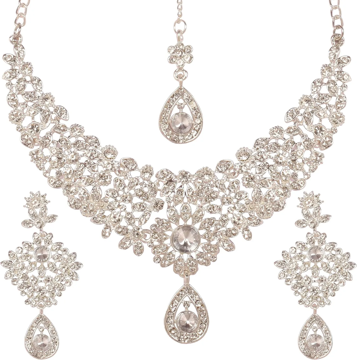 Touchstone Indian Jewelry Sets for Women Bollywood Necklace Earring Wedding high Fashion Victorian Formal Style Jewellery desi Artificial Imitation joyeria Rhinestone in Antique Gold or White Tone.