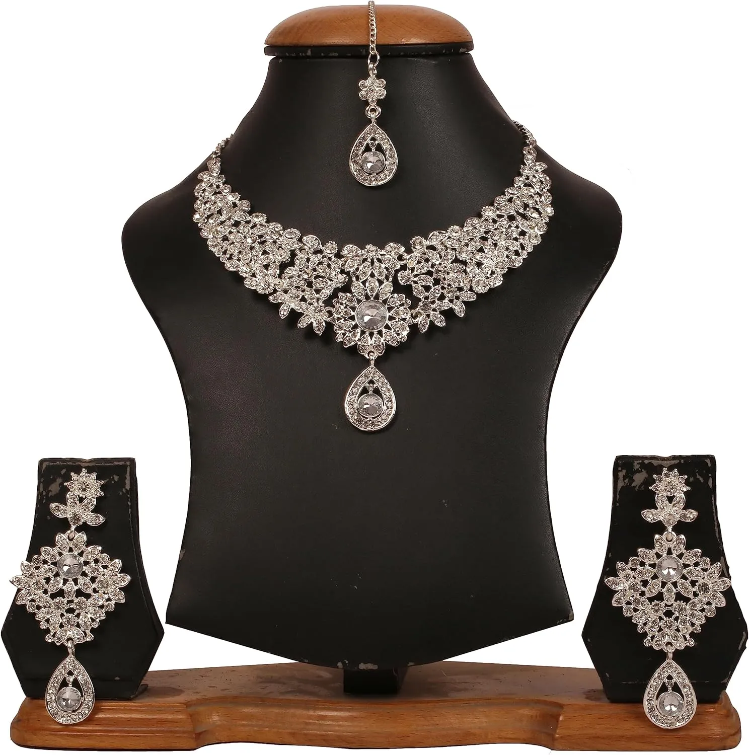 Touchstone Indian Jewelry Sets for Women Bollywood Necklace Earring Wedding high Fashion Victorian Formal Style Jewellery desi Artificial Imitation joyeria Rhinestone in Antique Gold or White Tone.