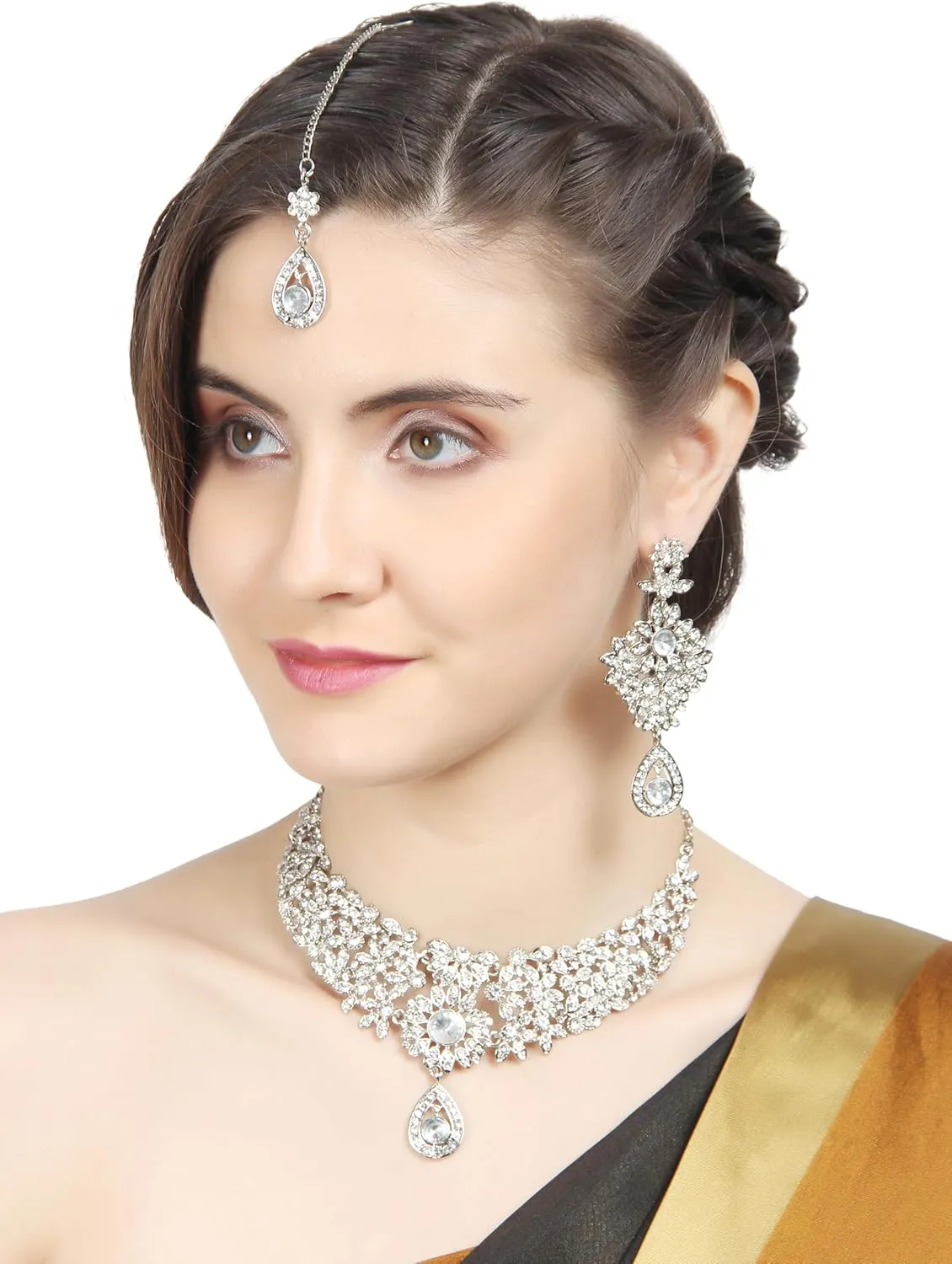 Touchstone Indian Jewelry Sets for Women Bollywood Necklace Earring Wedding high Fashion Victorian Formal Style Jewellery desi Artificial Imitation joyeria Rhinestone in Antique Gold or White Tone.